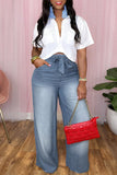 hulianfu - Light Blue Casual Solid Bandage Patchwork High Waist Straight Denim Jeans