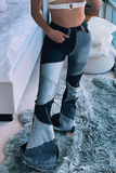 hulianfu - Black Casual Patchwork Tear High Waist Boot Cut Denim Jeans