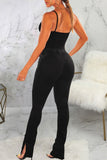 hulianfu - Black Casual Solid Ripped Patchwork Slit High Waist Denim Jeans
