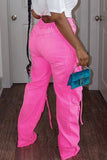 hulianfu - Fluorescent Pink Casual College Solid Ripped Make Old Patchwork Pocket High Waist Denim Jeans