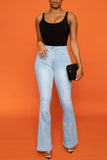 hulianfu - Blue Casual Solid Patchwork High Waist Boot Cut Denim Jeans