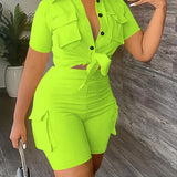Chic Womens Two-Piece Outfit Set - Casual Button-Down Blouse & Flap Pocket Shorts - Perfect for Everyday Style - Contemporary Wardrobe Essential