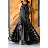 Patchwork Hyperbolic Ruffle Hem Denim Maxi Dress