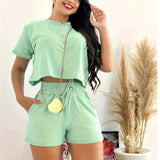 Womens Elegant Solid Color Casual Shorts Set - Crew Neck Short Sleeve Crop Top, Tie Waist Pants, Polyester Fabric, Regular Fit, Machine Washable - Perfect for Spring and Summer Outings