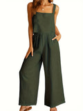 Summer Womens Fresh Fashion Square Neck Sleeveless Tank Top & Wide Leg Long Pants Set - Comfortable, Breathable, Relaxed Fit, European and American Style, Leisure Wear, Suspended Design, Two-Piece Outfit