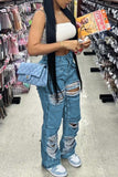 hulianfu - Sky Blue Casual Solid Ripped Patchwork High Waist Regular Denim Jeans