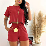 Womens Elegant Solid Color Casual Shorts Set - Crew Neck Short Sleeve Crop Top, Tie Waist Pants, Polyester Fabric, Regular Fit, Machine Washable - Perfect for Spring and Summer Outings