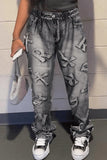 hulianfu - Grey Street Print Make Old Patchwork High Waist Denim Jeans
