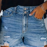 High-Stretch Womens Slim Fit Ripped Bermuda Shorts - High Waist, Slash Pockets, Solid Color, Cotton Blend, Sexy Style, Perfect for Spring/Summer - No Printing, No Sheer, Woven Denim Jeans & Clothing