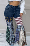 hulianfu - Black Street Plaid Print Patchwork High Waist Denim Jeans
