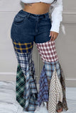 hulianfu - Black Street Plaid Print Patchwork High Waist Denim Jeans