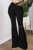 hulianfu - Black Fashion Casual Solid Ripped High Waist Regular Denim Jeans