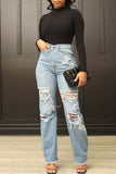 hulianfu - Blue Casual Solid Ripped Patchwork High Waist Regular Denim Jeans
