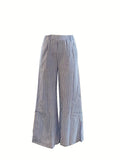 Two-Piece Stripe Print Casual Outfit - Comfortable Crew Neck Tank Top & Wide Leg Pants Set - Polyester Woven, No Elasticity, Spring/Fall Wear, No Sheer