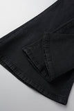 hulianfu - Black Casual Street Solid Patchwork High Waist Denim Jeans