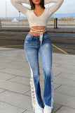 hulianfu - Baby Blue Casual Patchwork Ripped High Waist Regular Denim Jeans