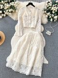 Summer Korean Small Fragrance Style Lace Set Two Piece Suit Hook Flower Short Sleeve Shirt Tops Midi Skirt Womens Outfits 240319