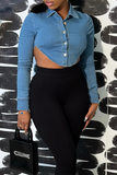 hulianfu - Blue Sexy Solid Backless Turndown Collar Long Sleeve Skinny Denim Jacket