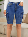 Womens Premium Denim Cargo Shorts - Stretchy Elastic Slim Fit, Versatile Knee-Length, Effortless Casual Style - High-Waist Design, Functional Pockets, Comfortable and Flattering Silhouette
