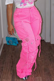 hulianfu - Fluorescent Pink Casual College Solid Ripped Make Old Patchwork Pocket High Waist Denim Jeans