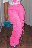 hulianfu - Fluorescent Pink Casual College Solid Ripped Make Old Patchwork Pocket High Waist Denim Jeans