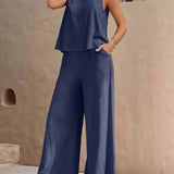 Two-Piece Pants Set - Soft Micro Elasticity Polyester Crew Neck Tank Top & Wide Leg Pants with Slant Pockets - Spring/Summer Casual Outfit for Women