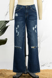 hulianfu - Blue Casual Solid Ripped Patchwork Mid Waist Regular Denim Jeans
