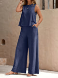 Two-Piece Pants Set - Soft Micro Elasticity Polyester Crew Neck Tank Top & Wide Leg Pants with Slant Pockets - Spring/Summer Casual Outfit for Women