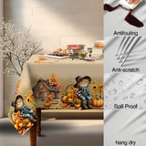 Charming Scarecrow & Fall Harvest Tablecloth - Waterproof & Wrinkle-Free, Perfect for Thanksgiving & Autumn Decor, Country Farmhouse Style with Pumpkin & Sunflower Design, Ideal for Indoor/Outdoor Parties & Home Decoration