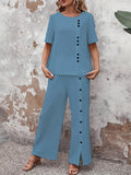 Two-Piece Elegant Crew Neck Short Sleeve Top and Split Wide Leg Pants Set - Soft Micro Elastic Polyester Fabric, Solid Color, and Classic Style for Spring/Summer - Womens Clothing Outfit