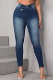 hulianfu - Deep Blue Casual Solid Patchwork High Waist Skinny Denim Jeans