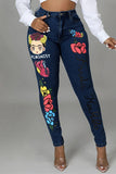 hulianfu - Light Blue Fashion Casual Print Patchwork Mid Waist Skinny Denim Jeans