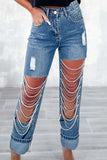 hulianfu - Light Blue Street Solid Ripped Chains Loose Denim Jeans