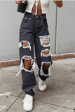 hulianfu - Black Street Solid Mid Waist Harlan Denim Jeans