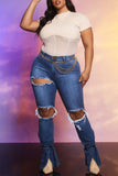 hulianfu - Blue Fashion Casual Solid Ripped Slit Mid Waist Regular Denim Jeans