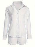 Chic Solid Eyelet Womens Shorts Set - Button-Up Collared Shirt & Roll-Up Hem Shorts Outfit - Casual, Versatile, & Stylish Clothing for Everyday Wear