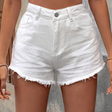 Chic White Denim Shorts for Women - High Waist, Raw Hem with Slash Pockets - Casual Summer Jean-Wear