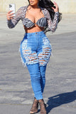 hulianfu - Royal Blue Fashion Casual Solid Ripped Patchwork High Waist Skinny Denim Jeans