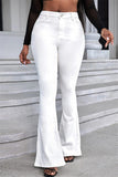 hulianfu - White Casual Solid Basic Mid Waist Regular Denim Jeans