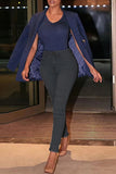 hulianfu - Light Blue Casual Solid Basic Mid Waist Skinny Denim Jeans