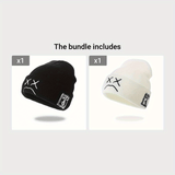 Trendy Sad Face Embroidery Graphic Beanie - Skullies & Beanies with Cuffed Design, Black & White Knit, Hip Hop Style, Casual Wear for Women and Men - Fashionable Winter Accessories