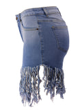 Ultra-Stretch Carnaval Fringe Denim Shorts - Fashionable Washed Blue, High Waist Party Style - For Trendsetting Women