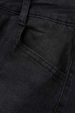 hulianfu - Black Casual Street Solid Patchwork High Waist Denim Jeans