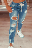 hulianfu - Grey Casual Patchwork Ripped High Waist Skinny Denim