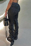 hulianfu - Dark Gray Fashion Casual Solid Patchwork Slit Fold High Waist Regular Denim Jeans
