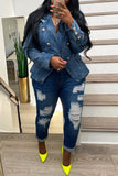 hulianfu - Light Blue Casual Solid Patchwork Turndown Collar Long Sleeve Regular Denim Jacket