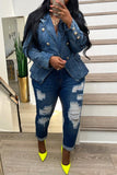 hulianfu - Light Blue Casual Solid Patchwork Turndown Collar Long Sleeve Regular Denim Jacket