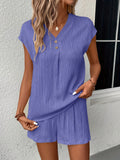 Solid Textured Two-piece Set, Button Front V Neck Short Sleeve Top & Wide Leg Shorts Outfits, Women's Clothing