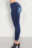 hulianfu - Deep Blue Casual Solid Ripped High Waist Skinny Denim Jeans