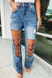 hulianfu - Light Blue Street Solid Ripped Chains Loose Denim Jeans